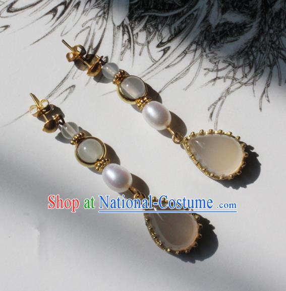 Handmade Chinese Ancient Princess Pearl Rose Chalcedony Earrings Traditional Hanfu Jewelry Accessories for Women