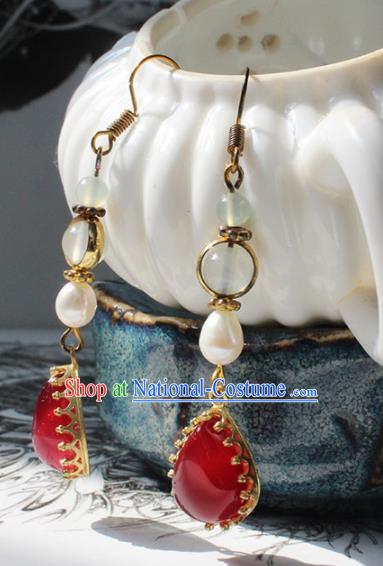 Handmade Chinese Ancient Princess Pearl Red Crystal Earrings Traditional Hanfu Jewelry Accessories for Women