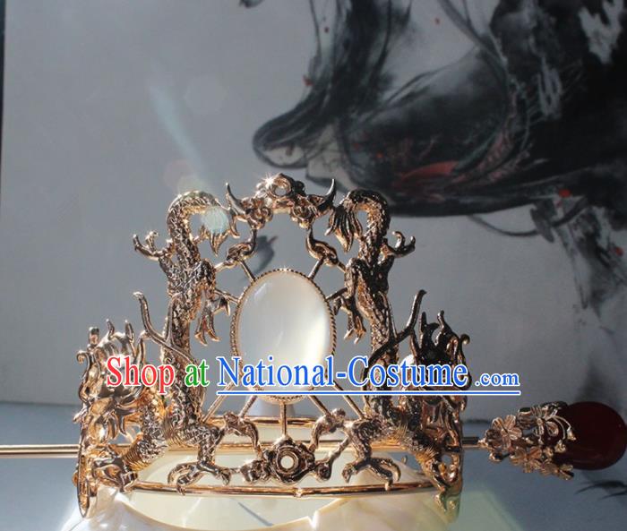 Traditional Chinese Ancient Hanfu Golden Dragon Opal Hair Crown Princess Hairpins Handmade Hair Accessories for Women