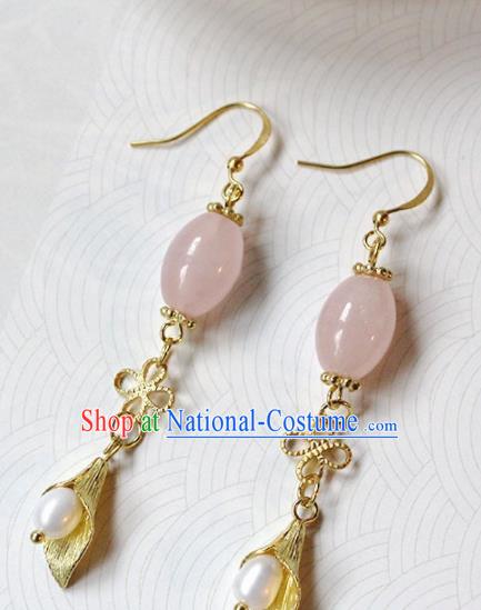 Handmade Chinese Ancient Princess Rose Chalcedony Earrings Traditional Hanfu Jewelry Accessories for Women