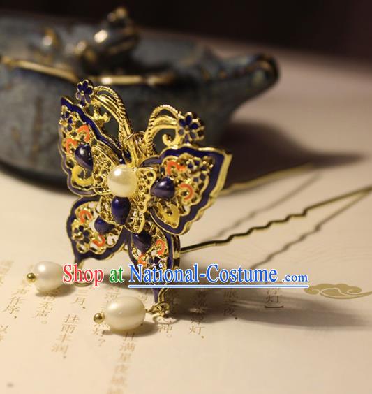 Traditional Chinese Ancient Hanfu Blueing Butterfly Tassel Hair Clip Princess Hairpins Handmade Hair Accessories for Women