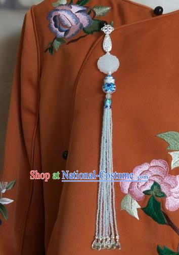 Traditional Chinese Ancient Palace Jade Brooch Handmade Hanfu Tassel Breastpin Pendant for Women