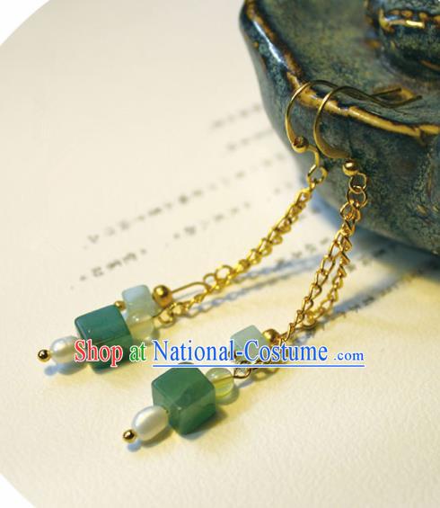 Handmade Chinese Ancient Princess Jade Pearl Earrings Traditional Hanfu Jewelry Accessories for Women