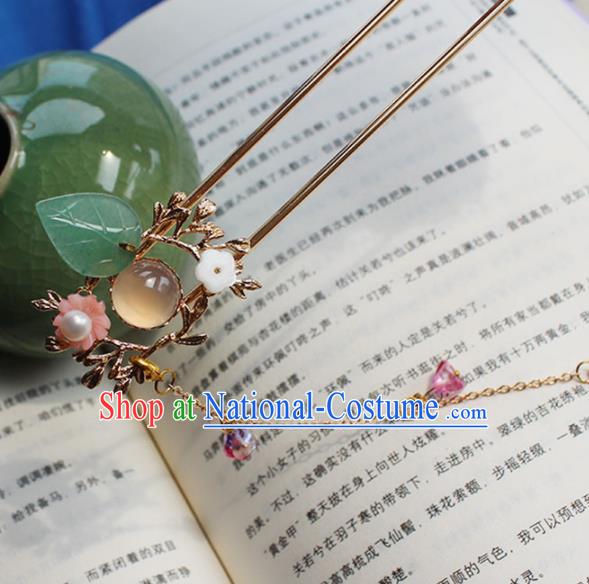 Chinese Ancient Hanfu Rose Chalcedony Hair Clip Princess Tassel Hairpins Traditional Handmade Hair Accessories for Women