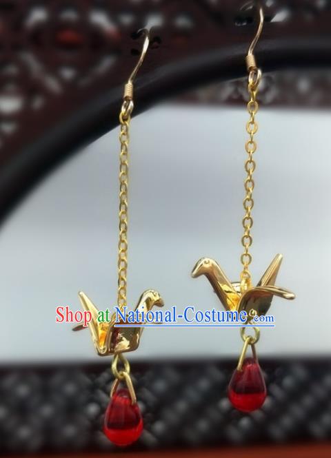 Traditional Chinese Ancient Wedding Hanfu Golden Crane Earrings Handmade Jewelry Accessories for Women