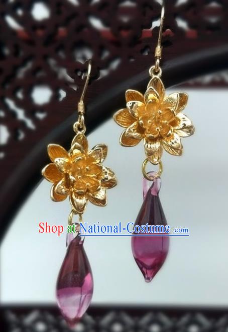 Traditional Chinese Ancient Wedding Hanfu Purple Crystal Earrings Handmade Jewelry Accessories for Women