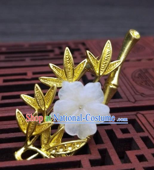 Traditional Chinese Ancient Palace Golden Bamboo Brooch Handmade Hanfu Breastpin Pendant for Women