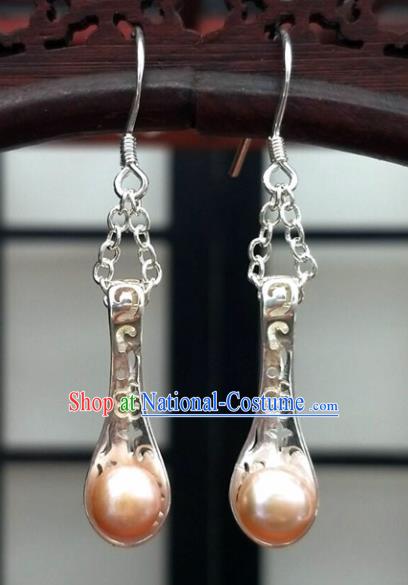 Traditional Chinese Ancient Hanfu Pink Pearl Tassel Earrings Handmade Wedding Jewelry Accessories for Women