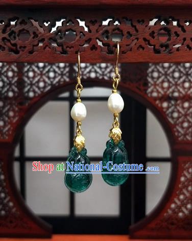 Traditional Chinese Ancient Hanfu Green Calabash Tassel Earrings Handmade Wedding Jewelry Accessories for Women