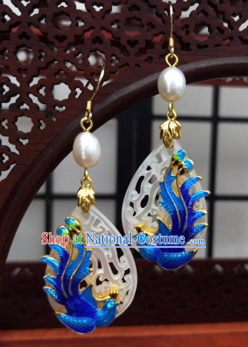 Traditional Chinese Ancient Hanfu Cloisonne Phoenix Jade Earrings Handmade Wedding Jewelry Accessories for Women