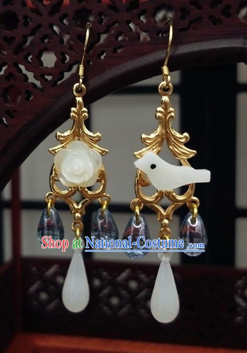 Traditional Chinese Ancient Hanfu Jade Bird Earrings Handmade Wedding Jewelry Accessories for Women