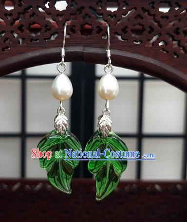 Traditional Chinese Ancient Hanfu Green Leaf Pearl Earrings Handmade Wedding Jewelry Accessories for Women