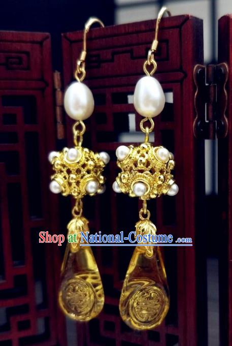 Traditional Chinese Ancient Hanfu Palace Golden Earrings Handmade Wedding Jewelry Accessories for Women