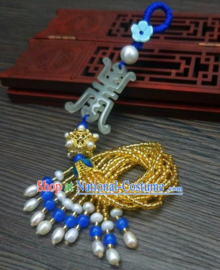 Traditional Chinese Ancient Palace Jade Brooch Handmade Hanfu Breastpin Tassel Pendant for Women