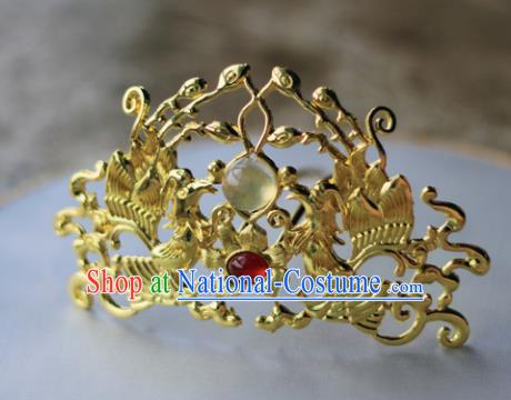 Traditional Chinese Ancient Queen Hanfu Phoenix Hair Crown Golden Hairpins Handmade Wedding Hair Accessories for Women