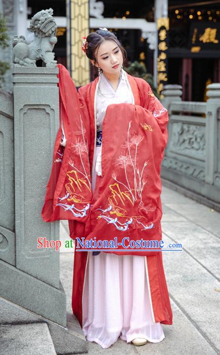 Chinese Jin Dynasty Imperial Consort Wedding Historical Costume Traditional Ancient Peri Embroidered Hanfu Dress for Women