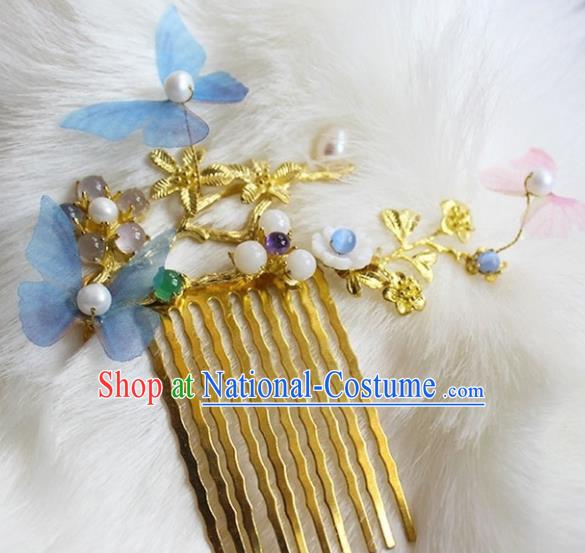 Chinese Ancient Hanfu Blue Butterfly Hair Comb Princess Hairpins Traditional Handmade Hair Accessories for Women