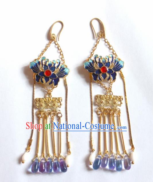 Handmade Chinese Ancient Princess Blueing Chrysanthemum Earrings Traditional Hanfu Jewelry Accessories for Women