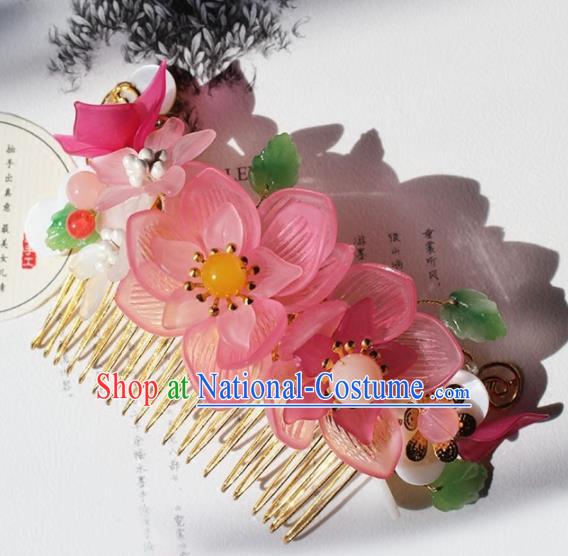 Chinese Ancient Hanfu Pink Lotus Hair Comb Princess Hairpins Traditional Handmade Hair Accessories for Women