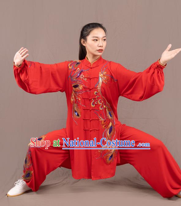 Traditional Chinese Martial Arts Embroidered Phoenix Red Costume Professional Tai Chi Competition Kung Fu Uniform for Women