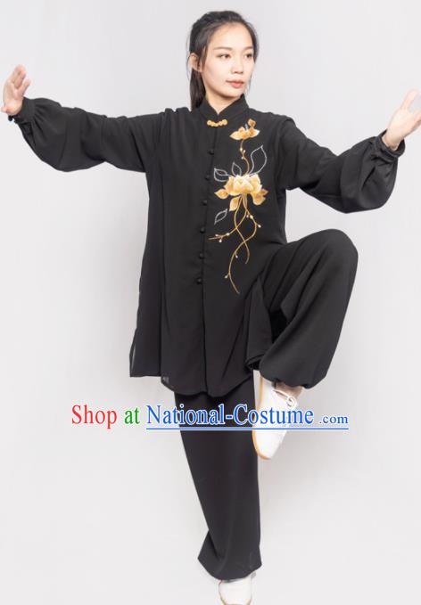 Traditional Chinese Martial Arts Embroidered Lotus Black Costume Professional Tai Chi Competition Kung Fu Uniform for Women