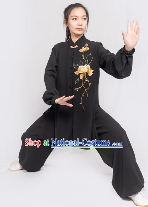 Traditional Chinese Martial Arts Embroidered Lotus Black Costume Professional Tai Chi Competition Kung Fu Uniform for Women