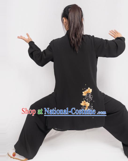 Traditional Chinese Martial Arts Embroidered Lotus Black Costume Professional Tai Chi Competition Kung Fu Uniform for Women