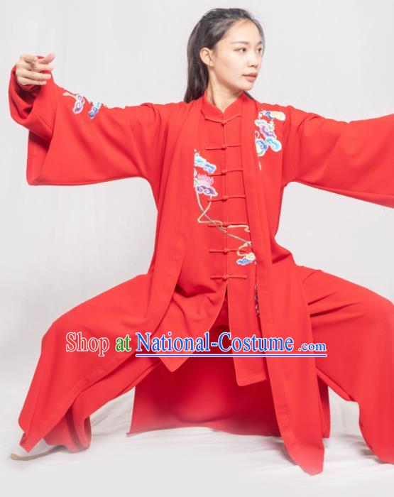 Traditional Chinese Martial Arts Embroidered Colorful Cloud Red Costume Professional Tai Chi Competition Kung Fu Uniform for Women