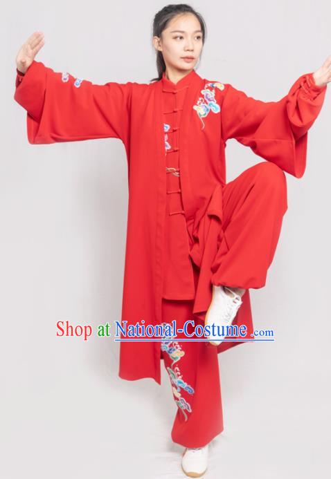 Traditional Chinese Martial Arts Embroidered Colorful Cloud Red Costume Professional Tai Chi Competition Kung Fu Uniform for Women