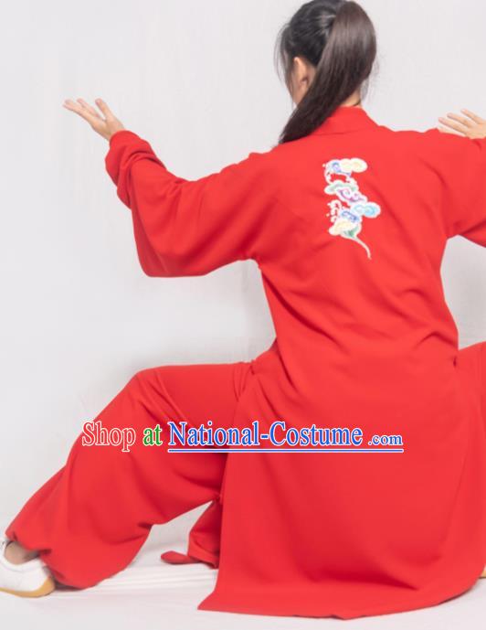 Traditional Chinese Martial Arts Embroidered Colorful Cloud Red Costume Professional Tai Chi Competition Kung Fu Uniform for Women