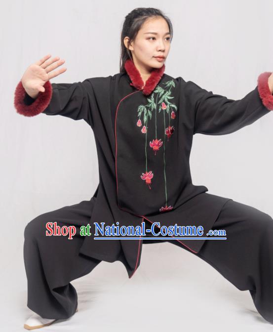 Traditional Chinese Martial Arts Embroidered Winter Black Costume Professional Tai Chi Competition Kung Fu Uniform for Women