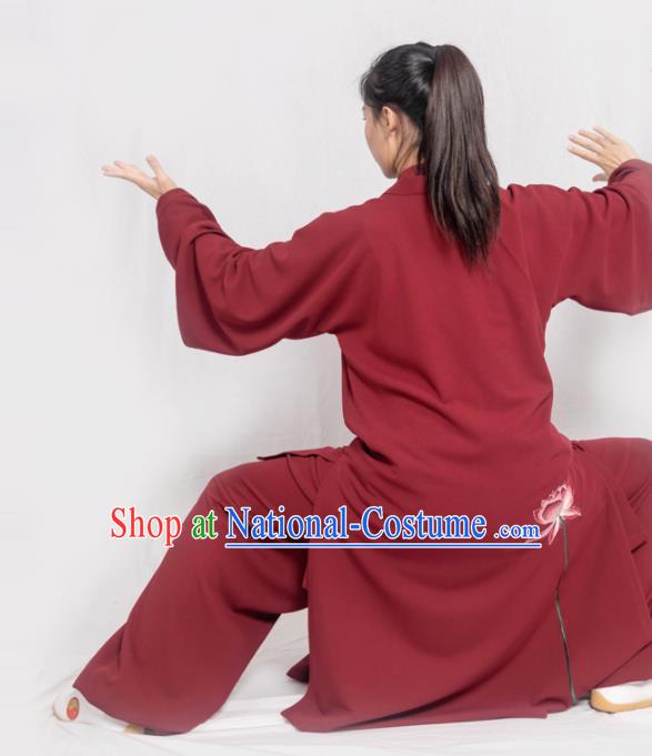 Traditional Chinese Martial Arts Embroidered Lotus Wine Red Costume Professional Tai Chi Competition Kung Fu Uniform for Women