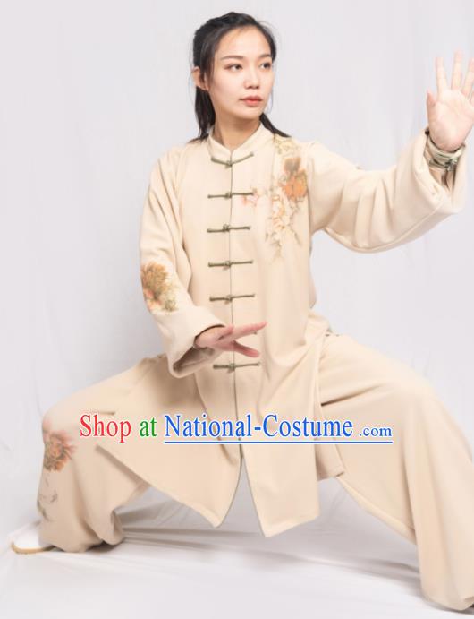 Traditional Chinese Martial Arts Printing Peony Beige Costume Professional Tai Chi Competition Kung Fu Uniform for Women