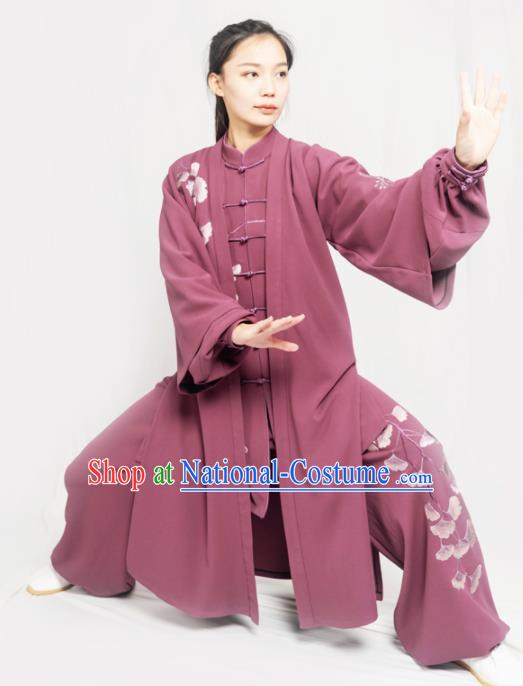 Traditional Chinese Martial Arts Embroidered Ginkgo Purple Costume Professional Tai Chi Competition Kung Fu Uniform for Women