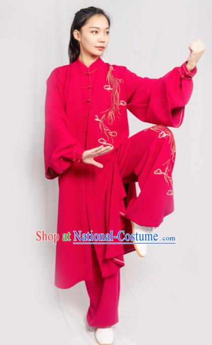 Traditional Chinese Martial Arts Embroidered Rosy Costume Professional Tai Chi Competition Kung Fu Uniform for Women