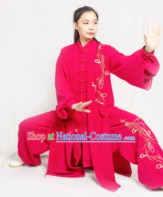 Traditional Chinese Martial Arts Embroidered Rosy Costume Professional Tai Chi Competition Kung Fu Uniform for Women