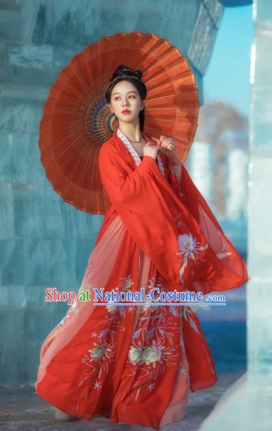 Chinese Traditional Wedding Historical Costume Ancient Song Dynasty Court Princess Embroidered Red Hanfu Dress for Women