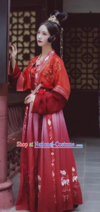 Chinese Traditional Tang Dynasty Princess Wedding Historical Costume Ancient Court Embroidered Red Hanfu Dress for Women