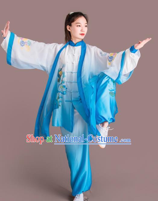 Traditional Chinese Martial Arts Embroidered Cloud Blue Costume Professional Tai Chi Competition Kung Fu Uniform for Women