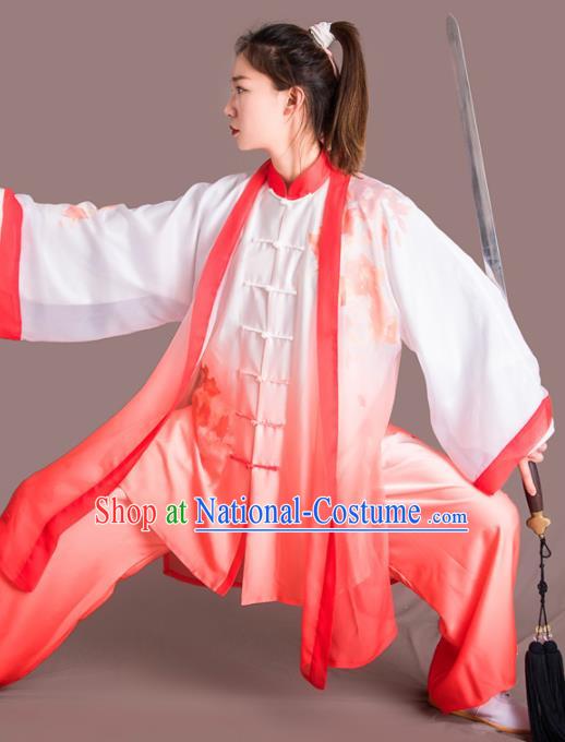 Traditional Chinese Martial Arts Embroidered Rosy Silk Costume Professional Tai Chi Competition Kung Fu Uniform for Women