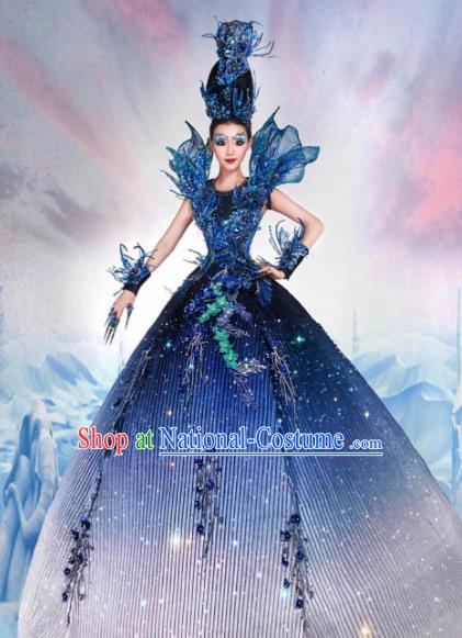 Handmade Halloween Fancy Ball Costume Stage Show Modern Fancywork Cosplay Queen Blue Dress for Women