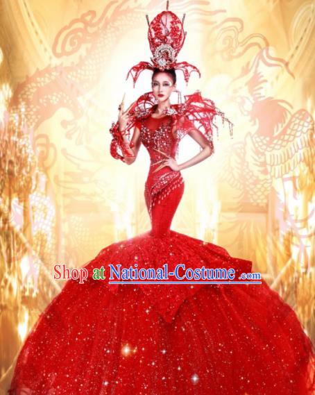 Traditional Chinese Fancy Ball Costume Stage Show Modern Fancywork Red Fishtail Dress for Women