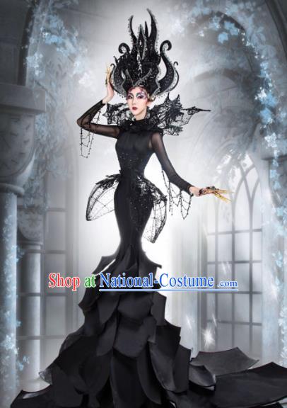 Handmade Halloween Fancy Ball Costume Stage Show Modern Fancywork Cosplay Queen Black Full Dress for Women