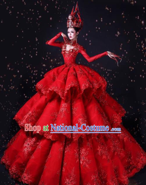 Handmade Modern Fancywork Cosplay Queen Red Full Dress Halloween Stage Show Fancy Ball Costume for Women