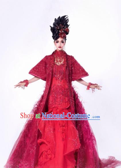 Handmade Modern Fancywork Cosplay Red Trailing Full Dress Halloween Stage Show Fancy Ball Costume for Women