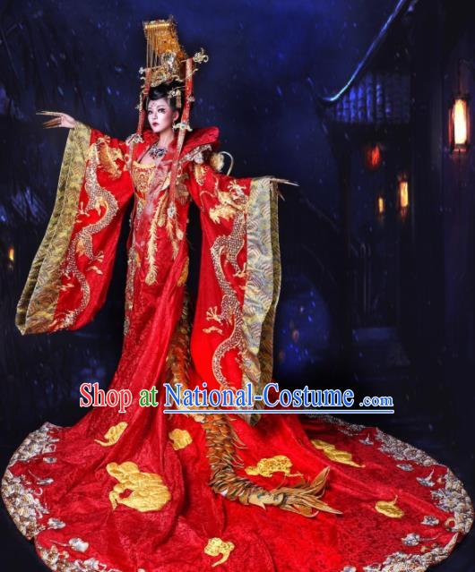 Traditional Chinese Cosplay Queen Red Costume Stage Show Modern Fancywork Dress for Women