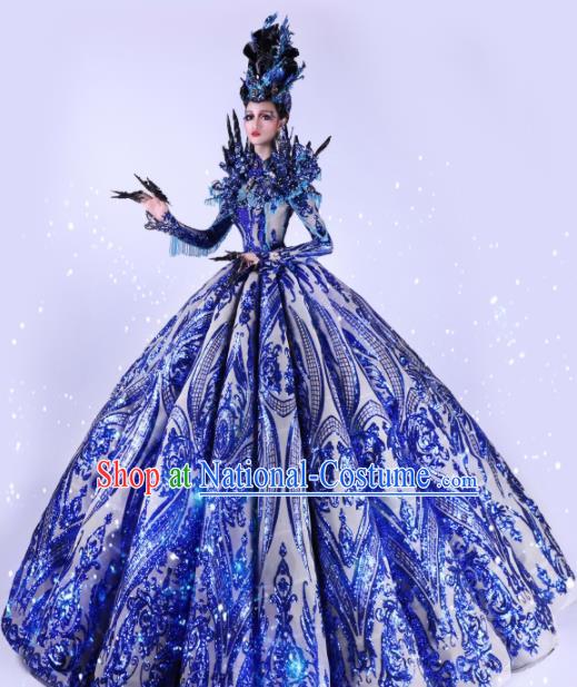 Handmade Modern Fancywork Cosplay Queen Blue Full Dress Halloween Stage Show Fancy Ball Costume for Women