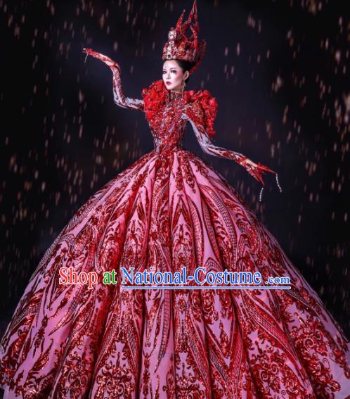 Handmade Modern Fancywork Cosplay Queen Red Full Dress Halloween Stage Show Fancy Ball Costume for Women