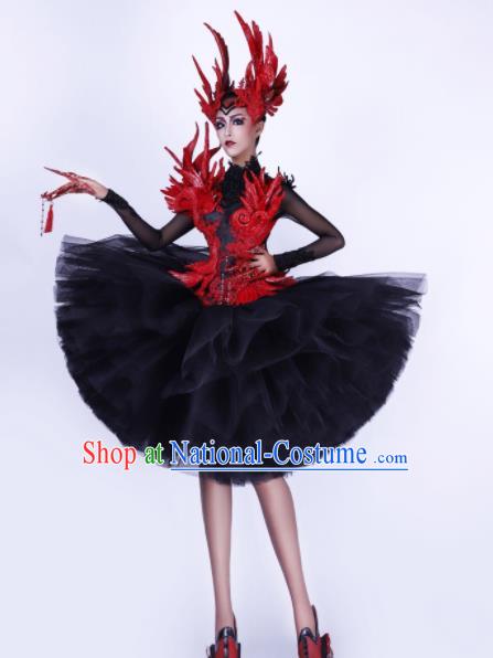 Handmade Modern Fancywork Cosplay Black Bubble Full Dress Halloween Stage Show Fancy Ball Costume for Women