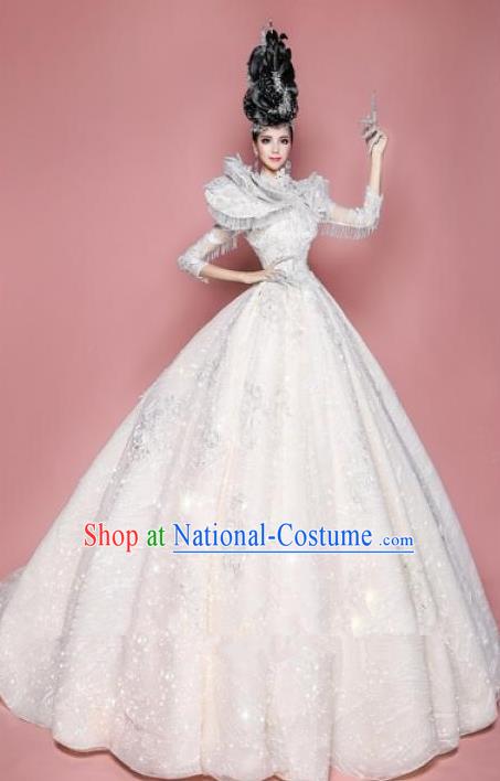 Handmade Modern Fancywork Cosplay Queen White Full Dress Halloween Stage Show Fancy Ball Costume for Women